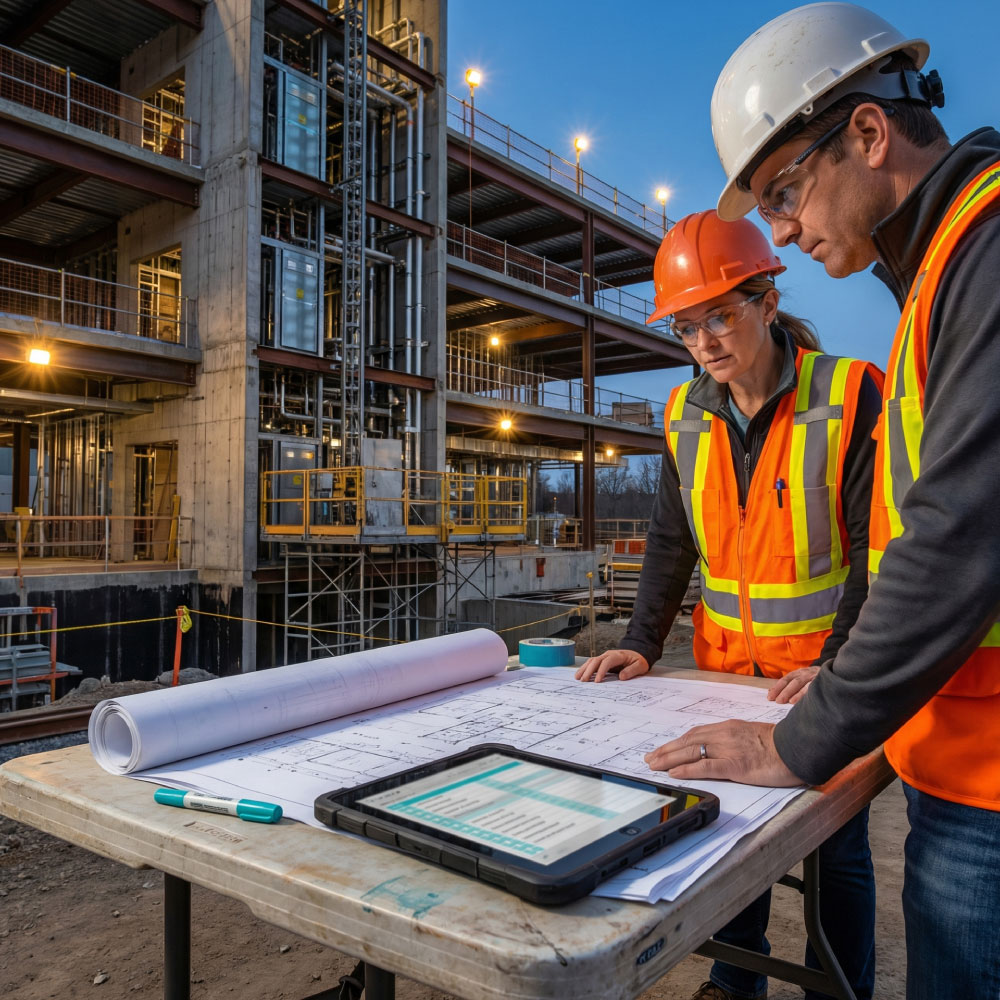 Consultant and site manager reviewing drawings and a tablet at the edge of a busy construction site with façade and MEP risers in view