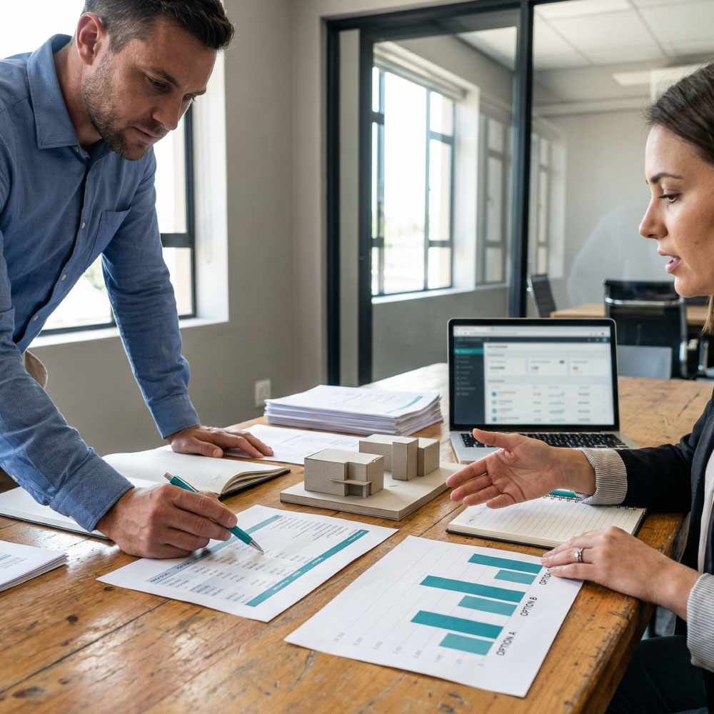 Quantity surveyor and consultant reviewing cost plans and value options with graphs and models laid out on a table