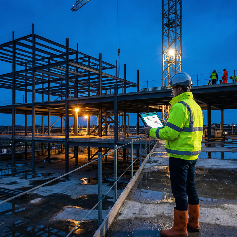 Programme manager in PPE checking a tablet schedule at the edge of a steel framed construction site at blue hour