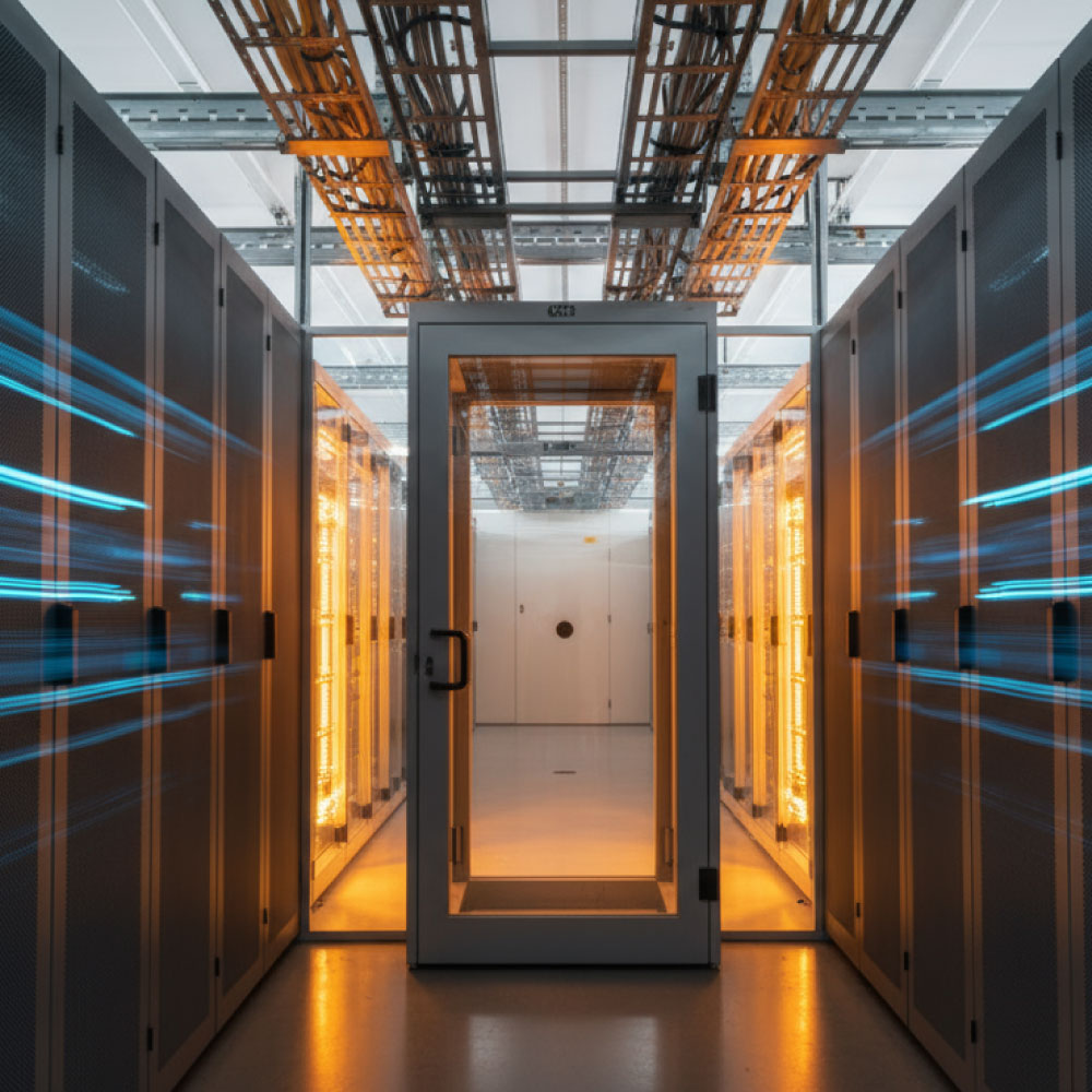 Hot aisle containment in a clean white space data hall during fit-out, precision cooling units and cable trays under daylight LEDs