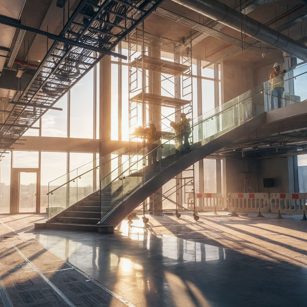 Upgraded security reception in a UK government building at blue hour, controlled access lanes, resilient MEP and clear wayfinding