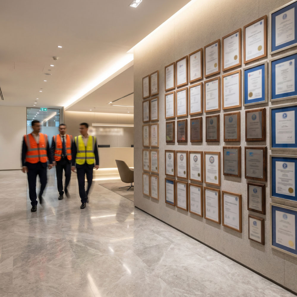 Feature wall of framework logos and certificates in a Wellmens office lobby with a team walking past in soft focus