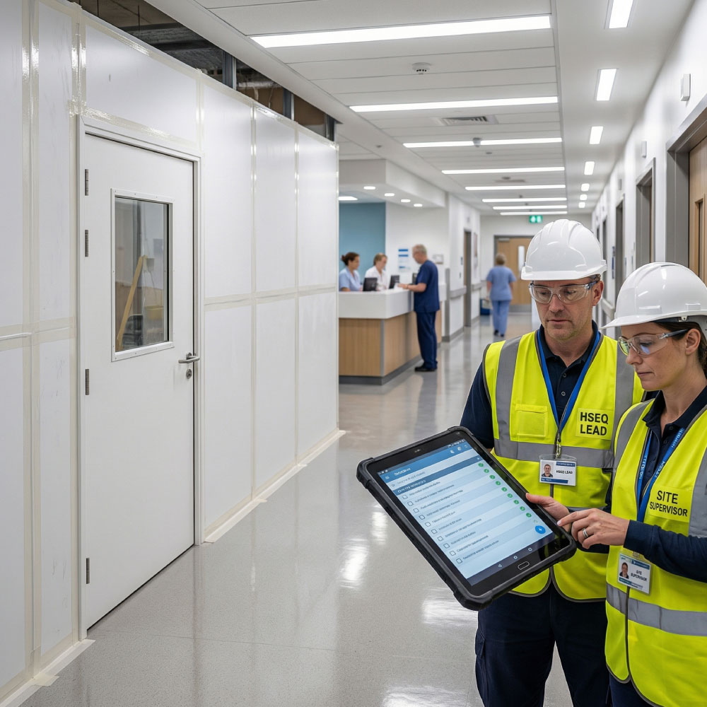 HSEQ lead and supervisor reviewing a digital checklist on a tablet in front of a sealed work zone in a live hospital corridor