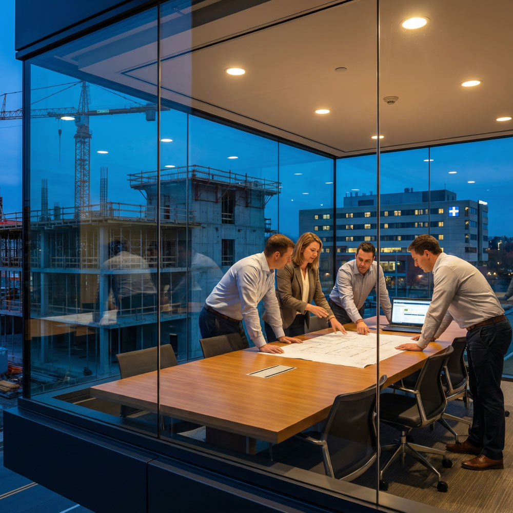 Wellmens leadership team in a glass meeting room overlooking a live construction and hospital campus at dusk