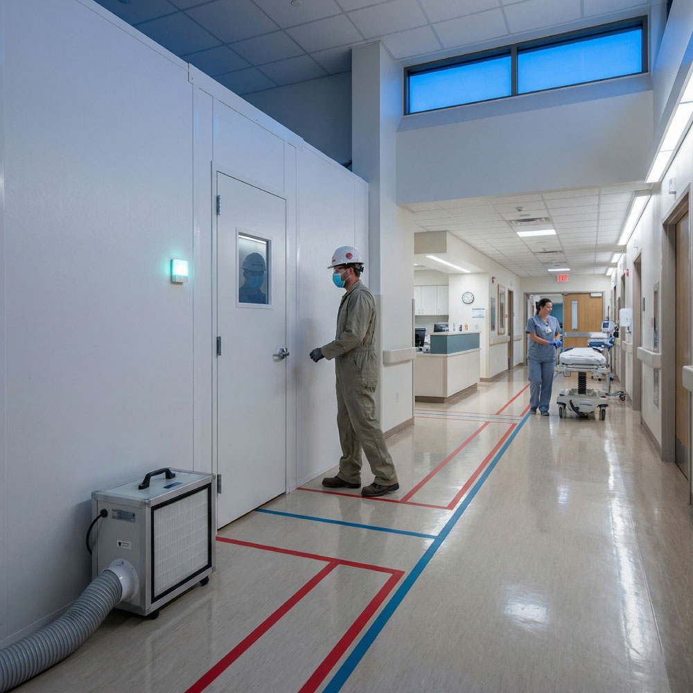 Live hospital corridor at blue hour with sealed construction zone hoardings, red and blue routes and clean work fronts