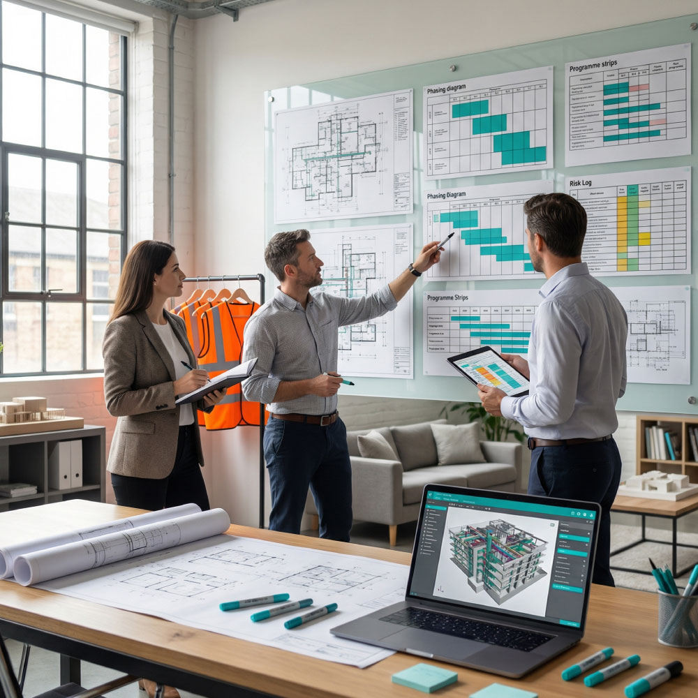 Engineer reviewing digital compliance dashboards beside switchgear, life safety panels and labelled MEP services
