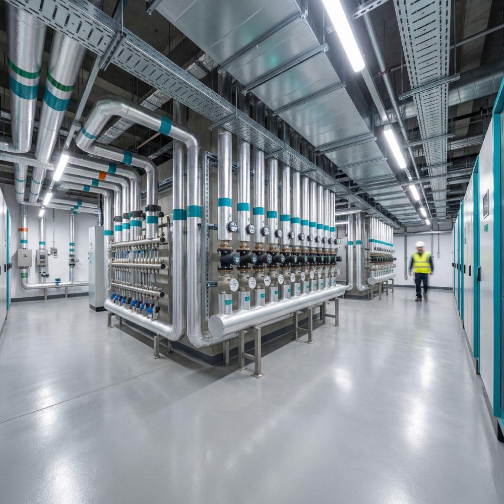 Clinical plant room at blue hour with coordinated pipework, ductwork and labelled valves ready for commissioning