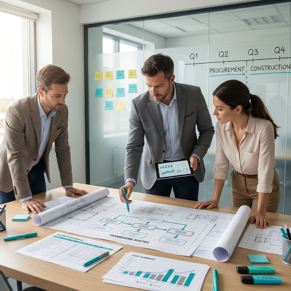 MEP preconstruction workshop with plans, cost models and framework options on a table in soft daylight