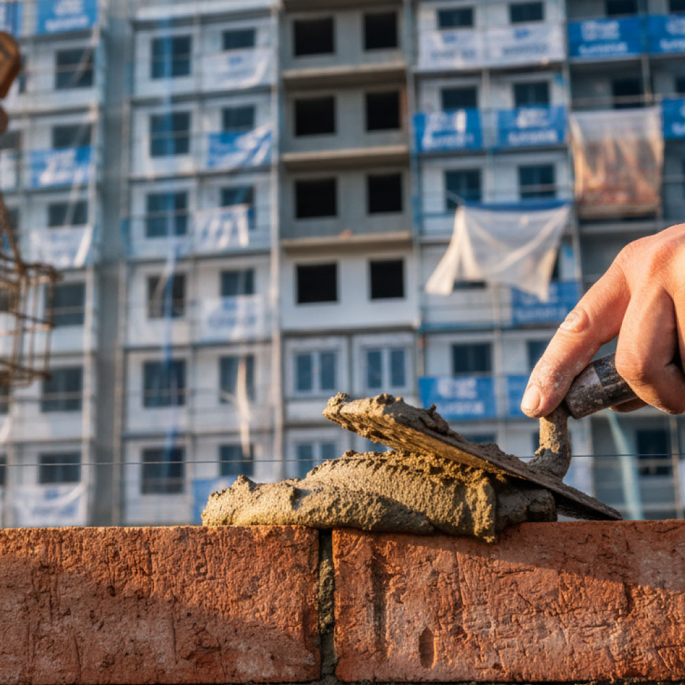 Scaffolded apartment block during façade remediation at blue hour, mast climbers and new rainscreen panels with safe resident access