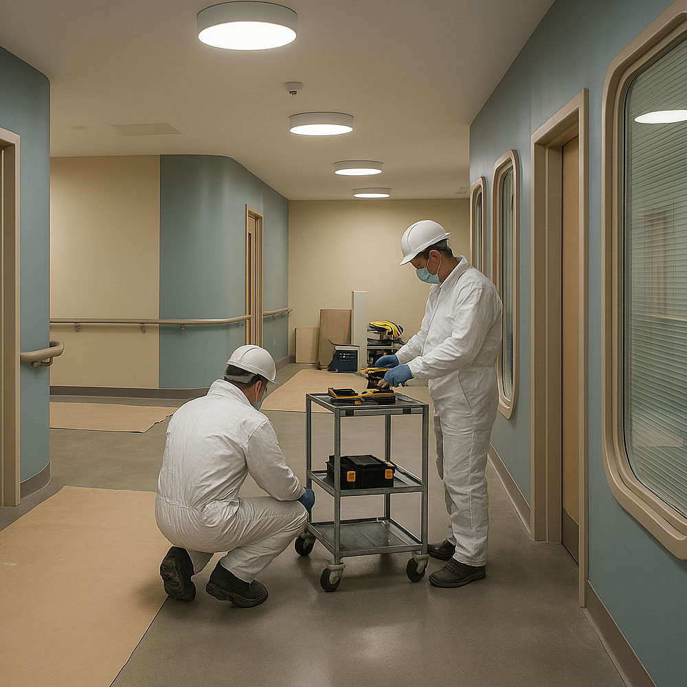 Completed seclusion room with anti ligature door set, observation window and calm finishes in soft daylight