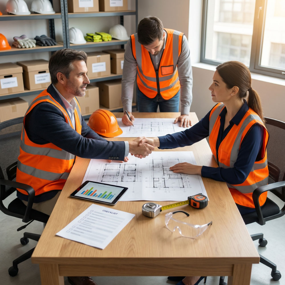 Wellmens manager and supply chain partners shaking hands across a table with shared drawings, checklists and PPE on display