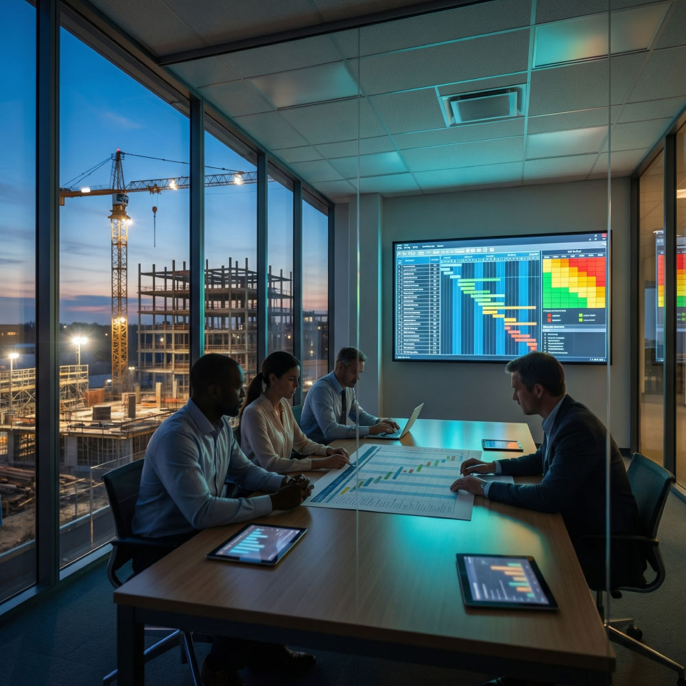 Consultants in a glass meeting room reviewing programmes and dashboards above a live construction site
