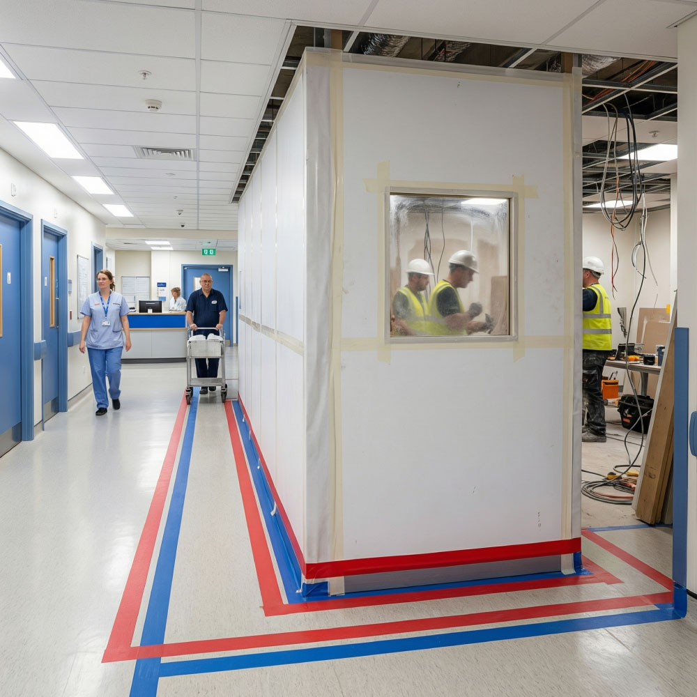 Clinical corridor with sealed work zone and active ward beyond, showing live hospital construction