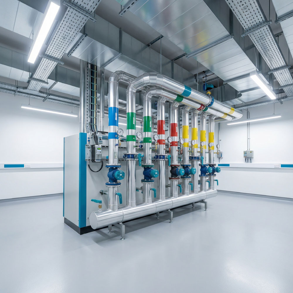 Clinical plant room with coordinated pipework, ductwork and labelled panels under cool white lighting