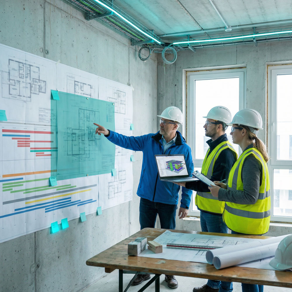 Quantity surveyor reviewing printed cost plans and value options with graphs and models laid out on a table