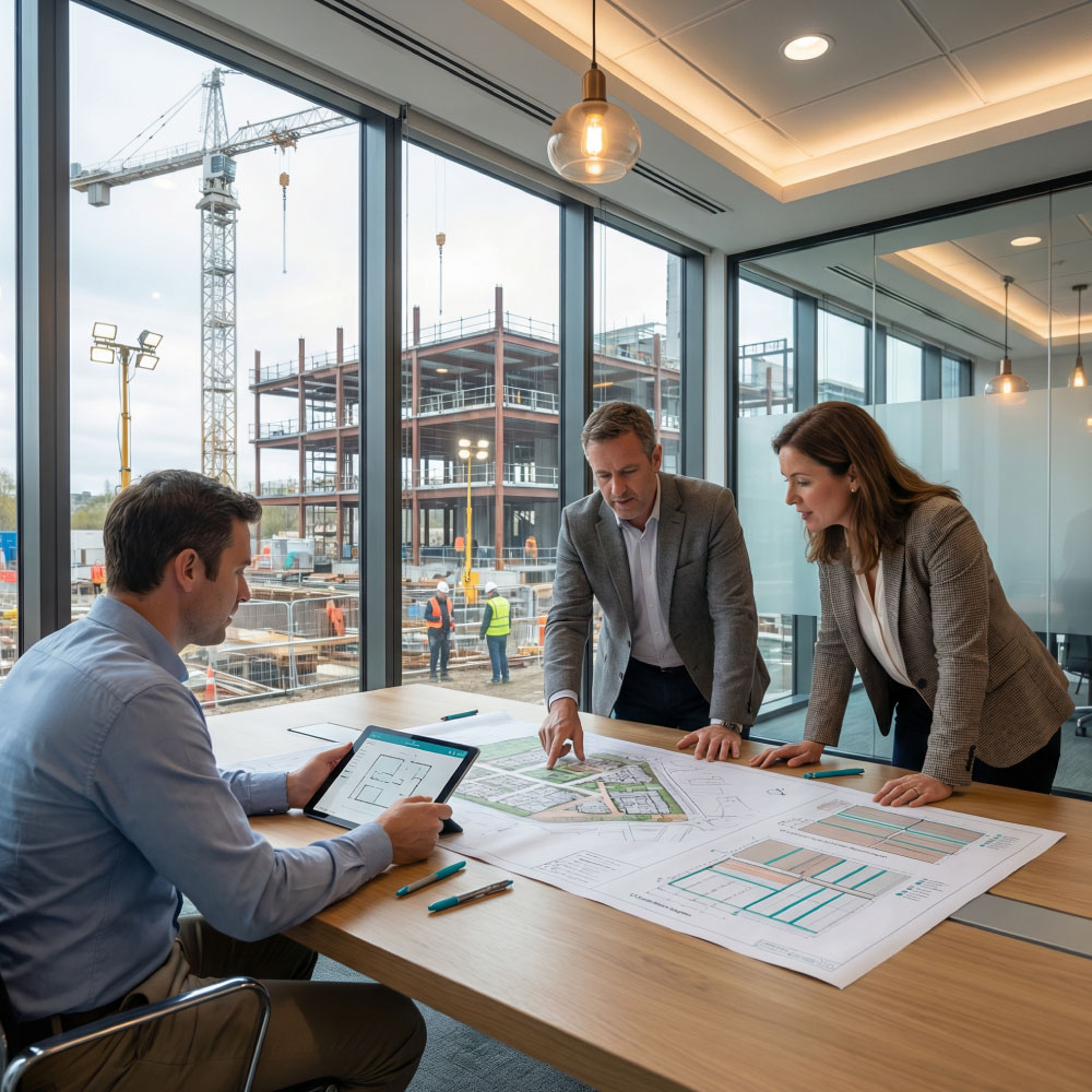 Consultants and client around a table reviewing a masterplan and phasing options with a live construction site visible through the window