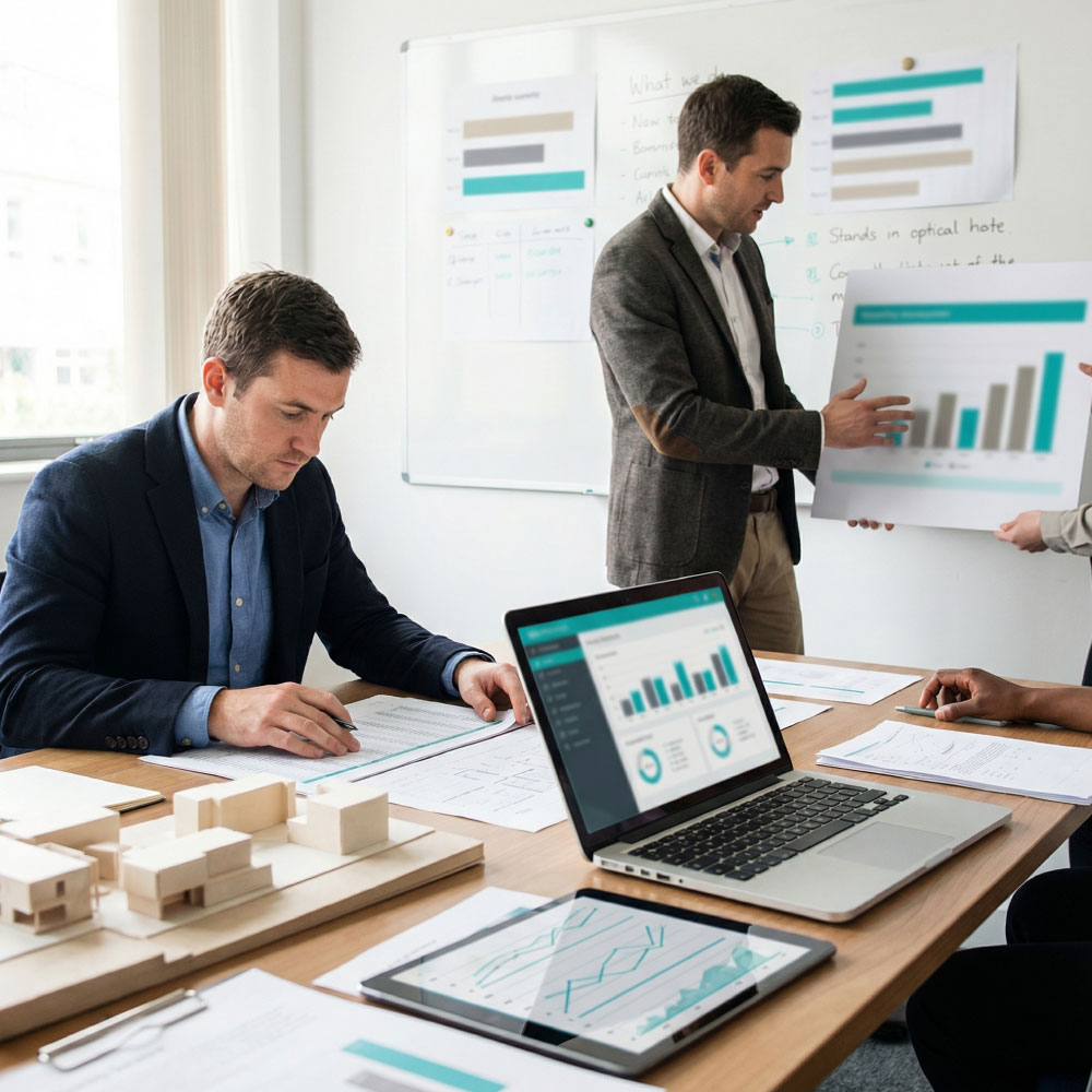 Preconstruction review wall covered with coordinated drawings, services overlays and programme strips in a bright project room