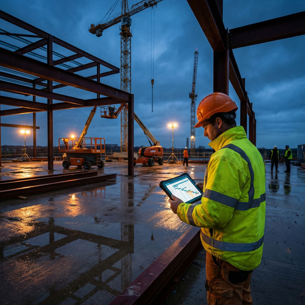 Programme manager in PPE checking a tablet schedule at the edge of a steel framed construction site at blue hour