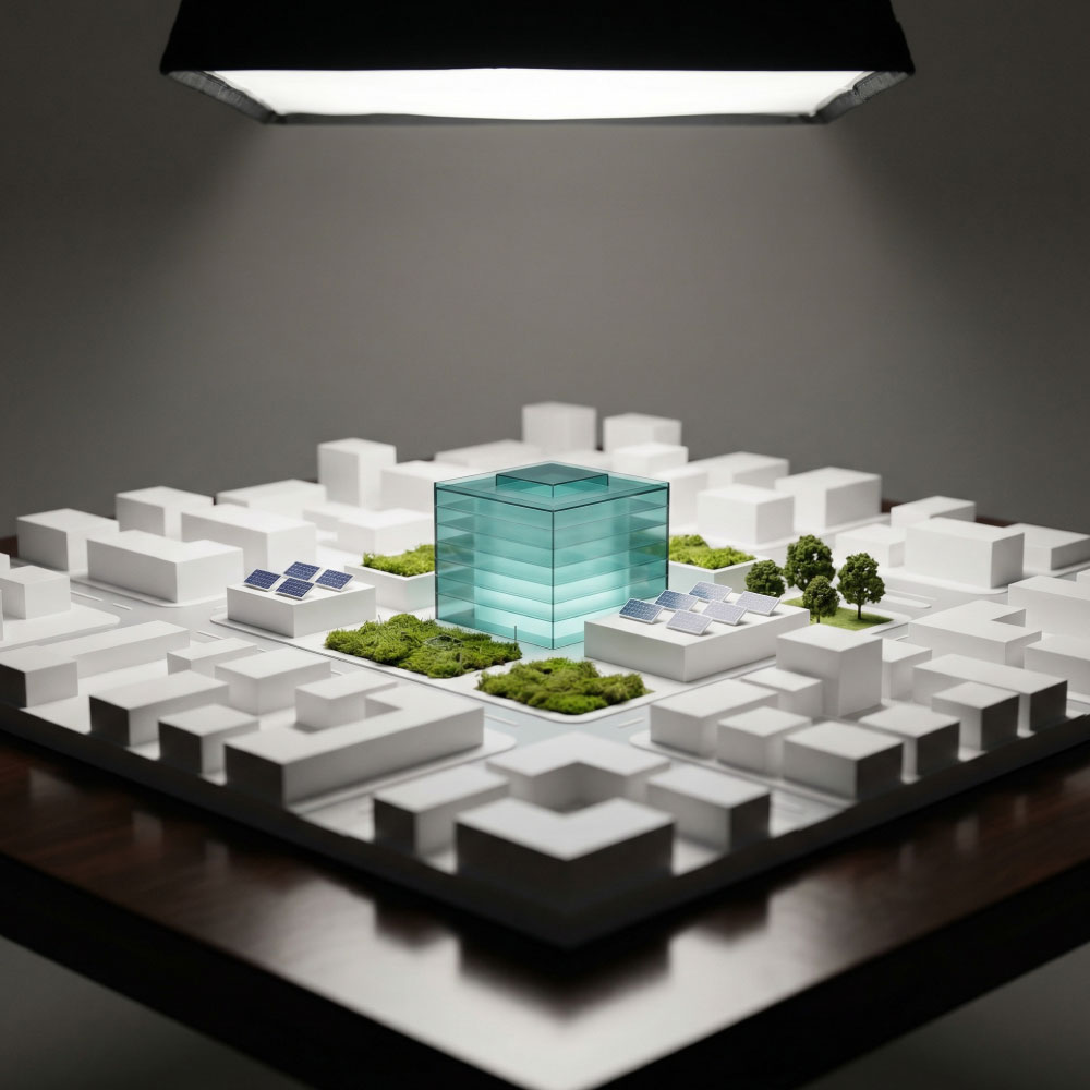 Net zero masterplan model with a single teal highlighted building and surrounding low carbon estate on a studio table
