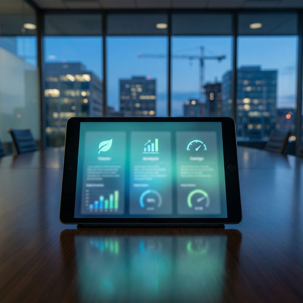Tablet on a boardroom table showing a three pillar ESG dashboard with blurred charts and a city skyline beyond