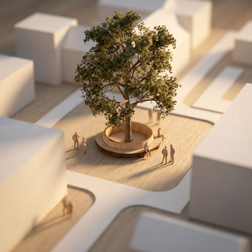 Community plaza model with a central tree and small groups of people represented as minimal figures under warm lighting