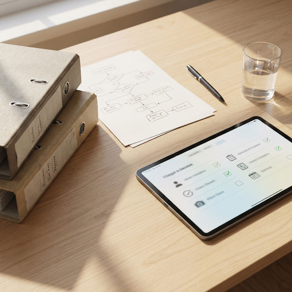 Desktop scene with contract folders, a simple supply chain map and a checklist tablet in warm daylight