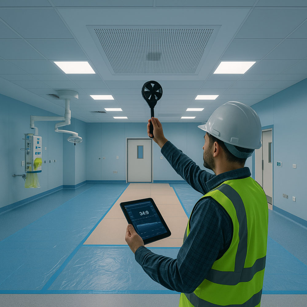 Engineer balancing diffusers in a clean theatre with digital QA on a tablet