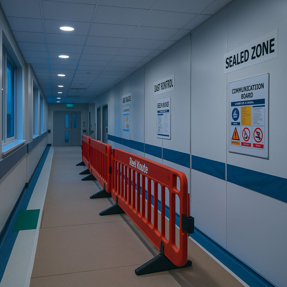 Ward corridor with sealed zone hoardings and a red route under clean work lights