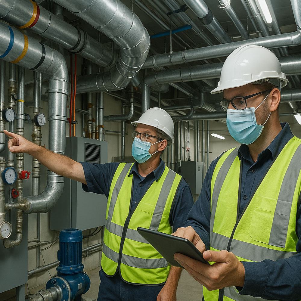 Clinical plant room with tidy labelled pipework and IPS panels ready for commissioning