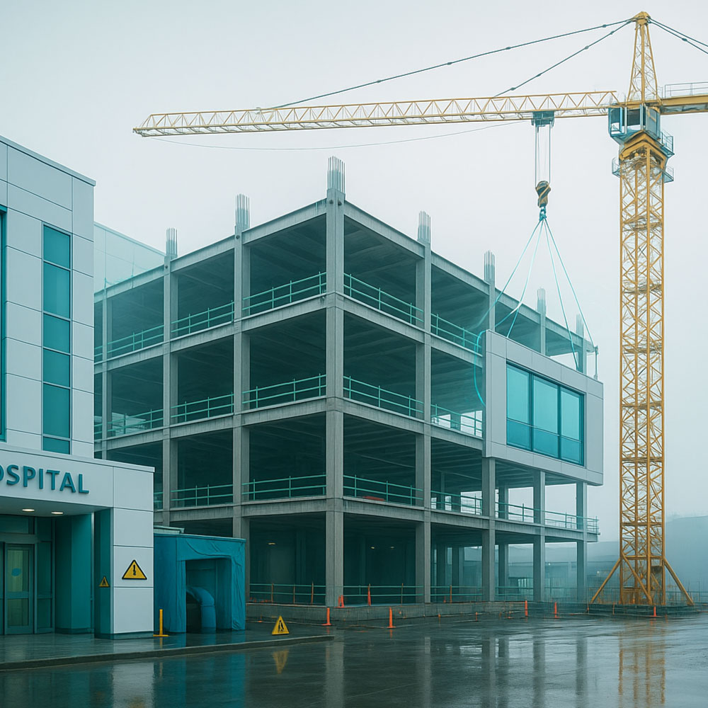 Healthcare preconstruction with surveys, risk logs and phasing plans on a clean board