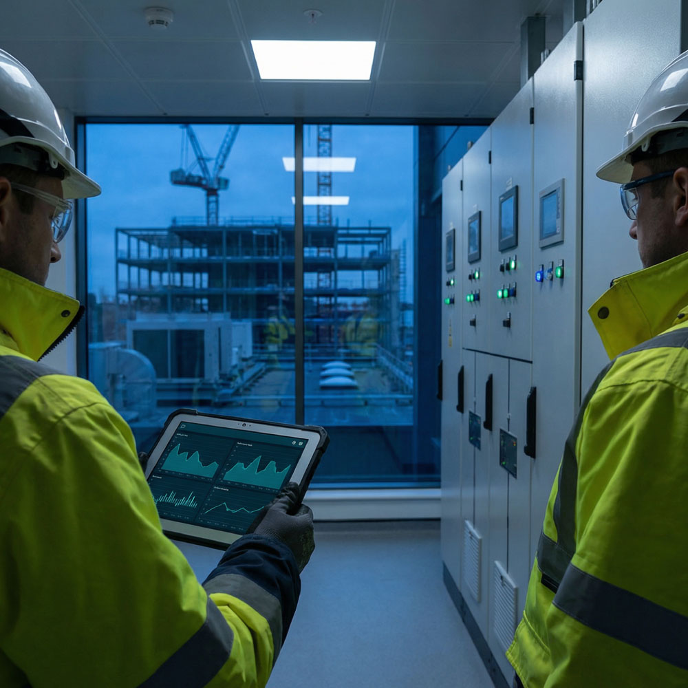 Engineer reviewing BMS trends on a tablet beside glowing control panels in a tidy plant room