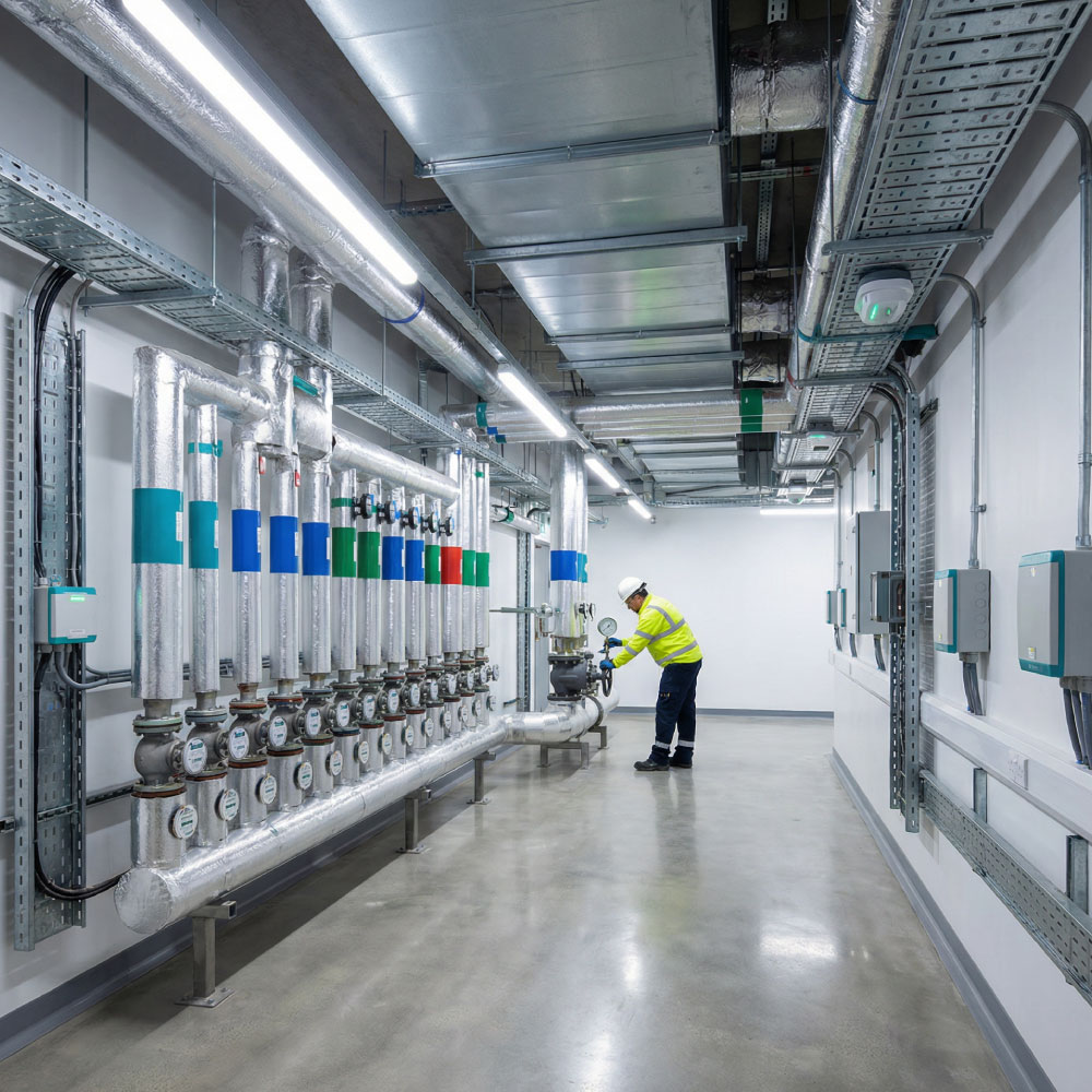 Clinical plant room with neat pipework, AHU ductwork and labelled valves ready for commissioning