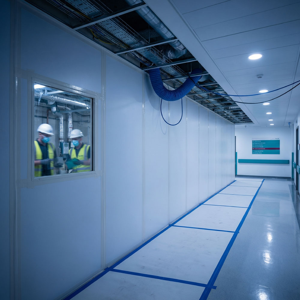 Hospital corridor at blue hour with a sealed MEP work zone, temporary services and a clear protected route