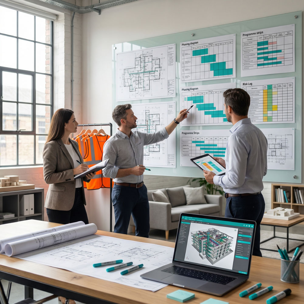 MEP preconstruction workshop with coordinated drawings, risk logs and programme strips on a clean board
